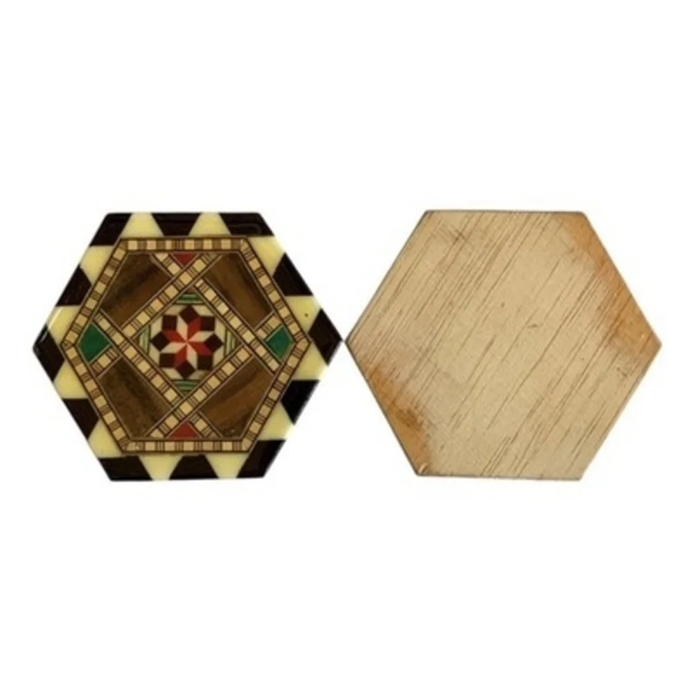 Vintage Set of 6 Geometric Pinwheel Wood Inlay Lacquer Marquetry Coaster Hexagon